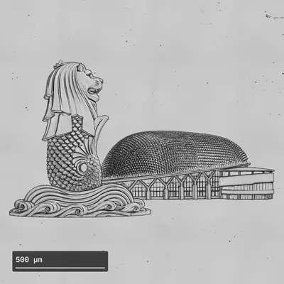 Merlion & Esplanade · greyscale relief — patterned on the NANYTE BEAM maskless lithography system