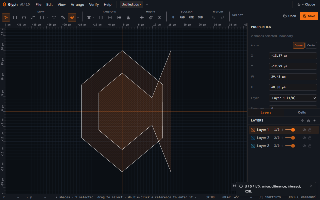 Two overlapping polygons selected in Glyph ready for a boolean operation, with the hint toast explaining the U, D, I, and X keys for union, difference, intersect, and XOR.
