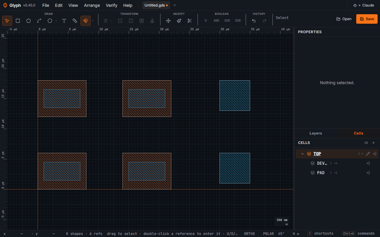 The Glyph Cells panel showing a TOP cell expanded to reveal DEVICE and PAD child cells with instance counts, while the canvas shows the placed instances.