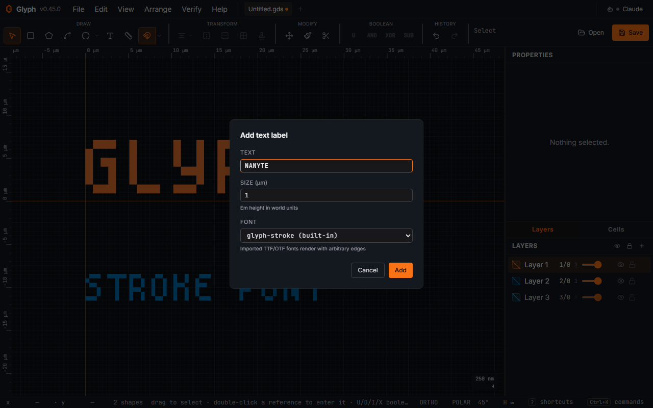Glyph's Add-text-label dialog open over stroke-font text on the canvas, showing the text field, em-size input, and the font picker with the built-in glyph-stroke face.