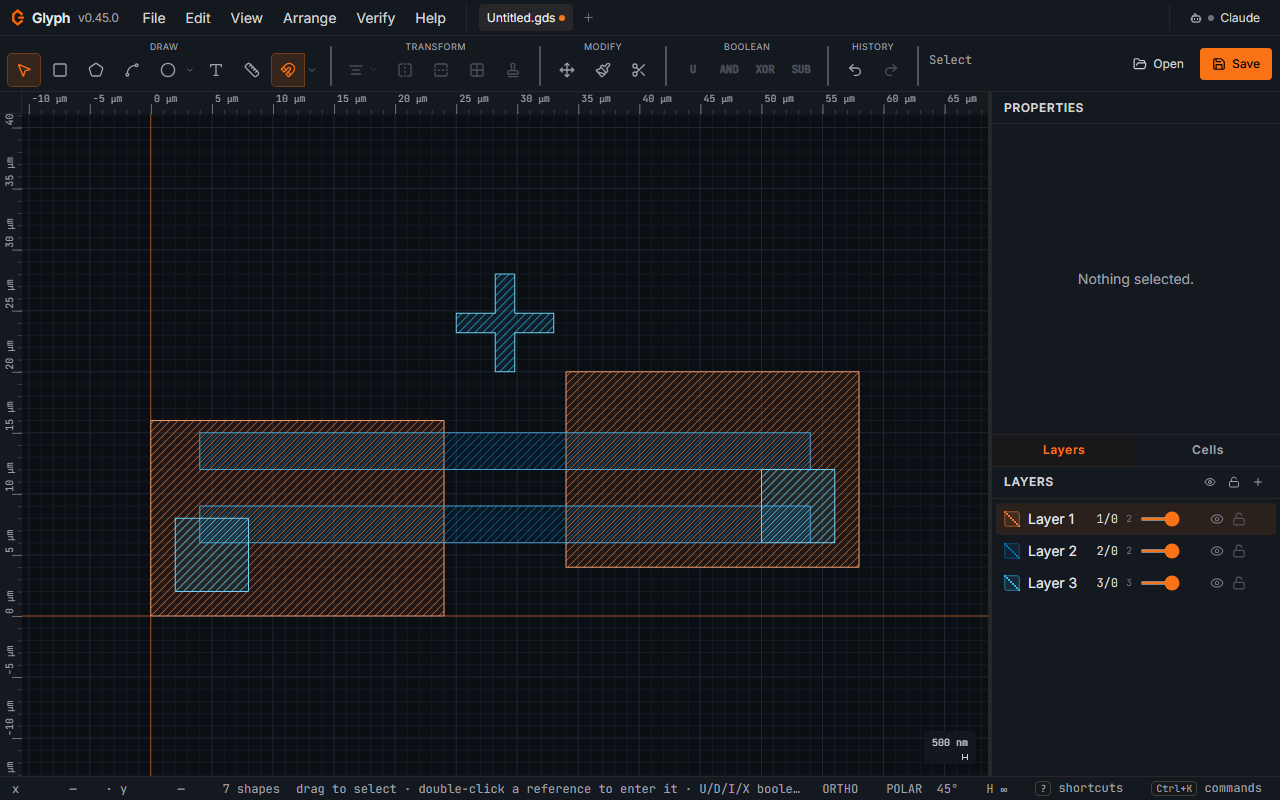 The Glyph workspace at rest: menu bar and toolbar above the canvas with a three-layer hatched design, Properties panel and Layers panel on the right, status bar below.