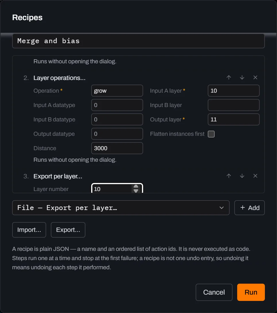 The Recipes dialog scrolled to steps 2 and 3: a Layer operations step set to grow, input layer 10, output layer 11, distance 3000, and an Export per layer step with Layer number 10 at the dialog's fold; step 2 notes Runs without opening the dialog.