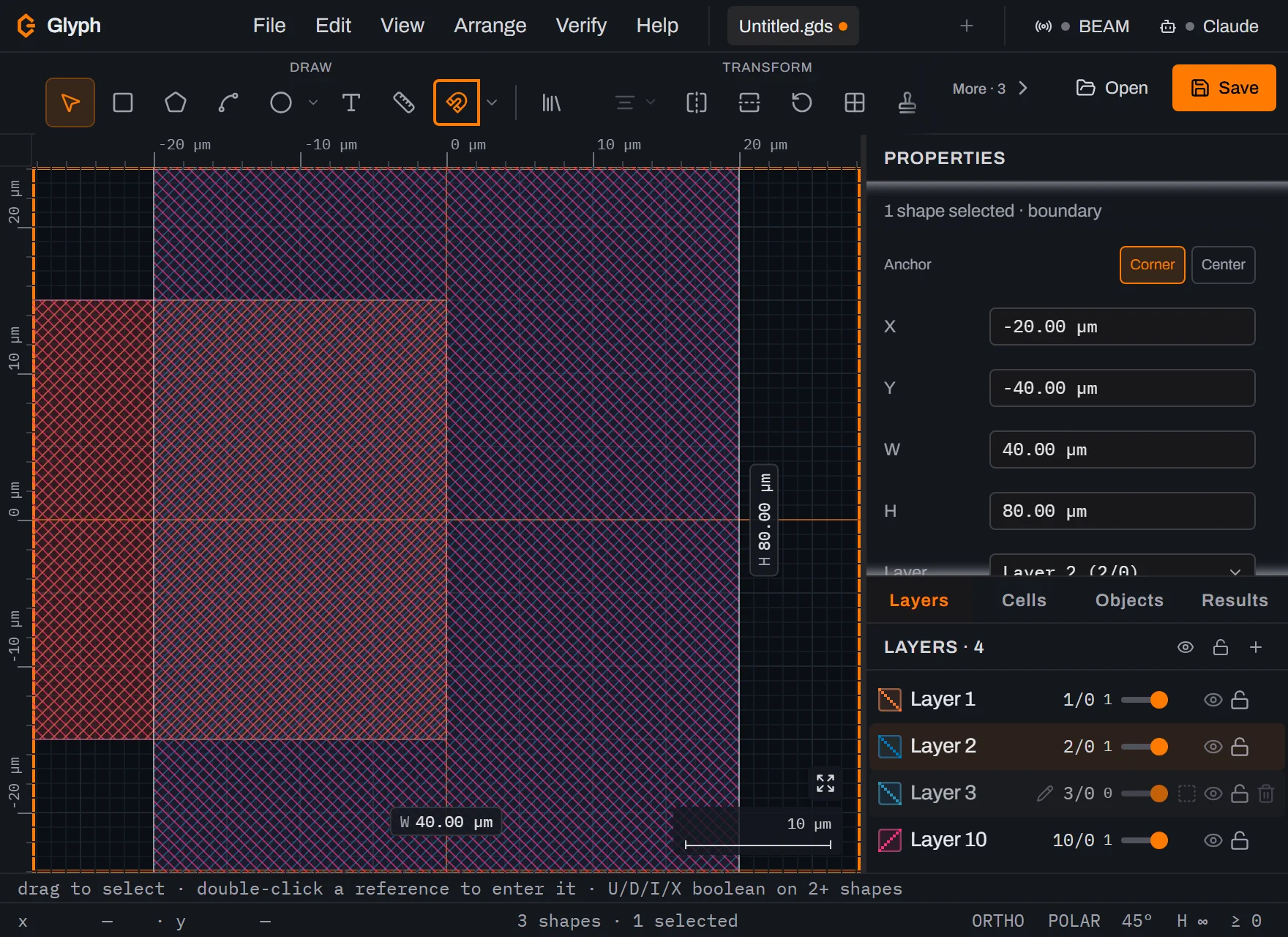 The same layout after a single undo: the grown 3 micrometre outline is gone, and the Layers panel now lists Layer 1, Layer 2, Layer 3 and Layer 10 with no Layer 11.