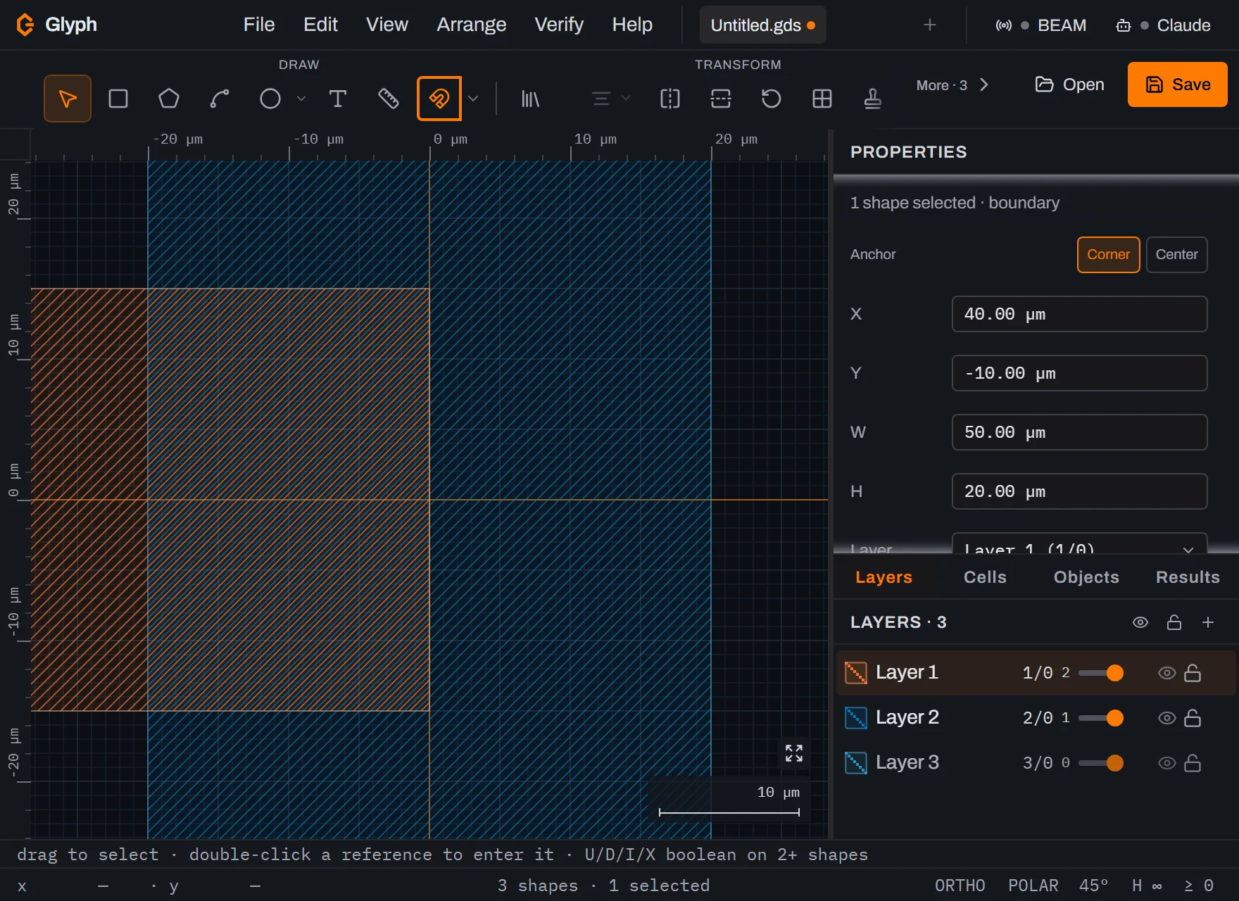The Glyph canvas with the original two overlapping boxes plus a new third orange box on layer 1 to their right, the Layers panel back to three layers, and the status bar reading 3 shapes.