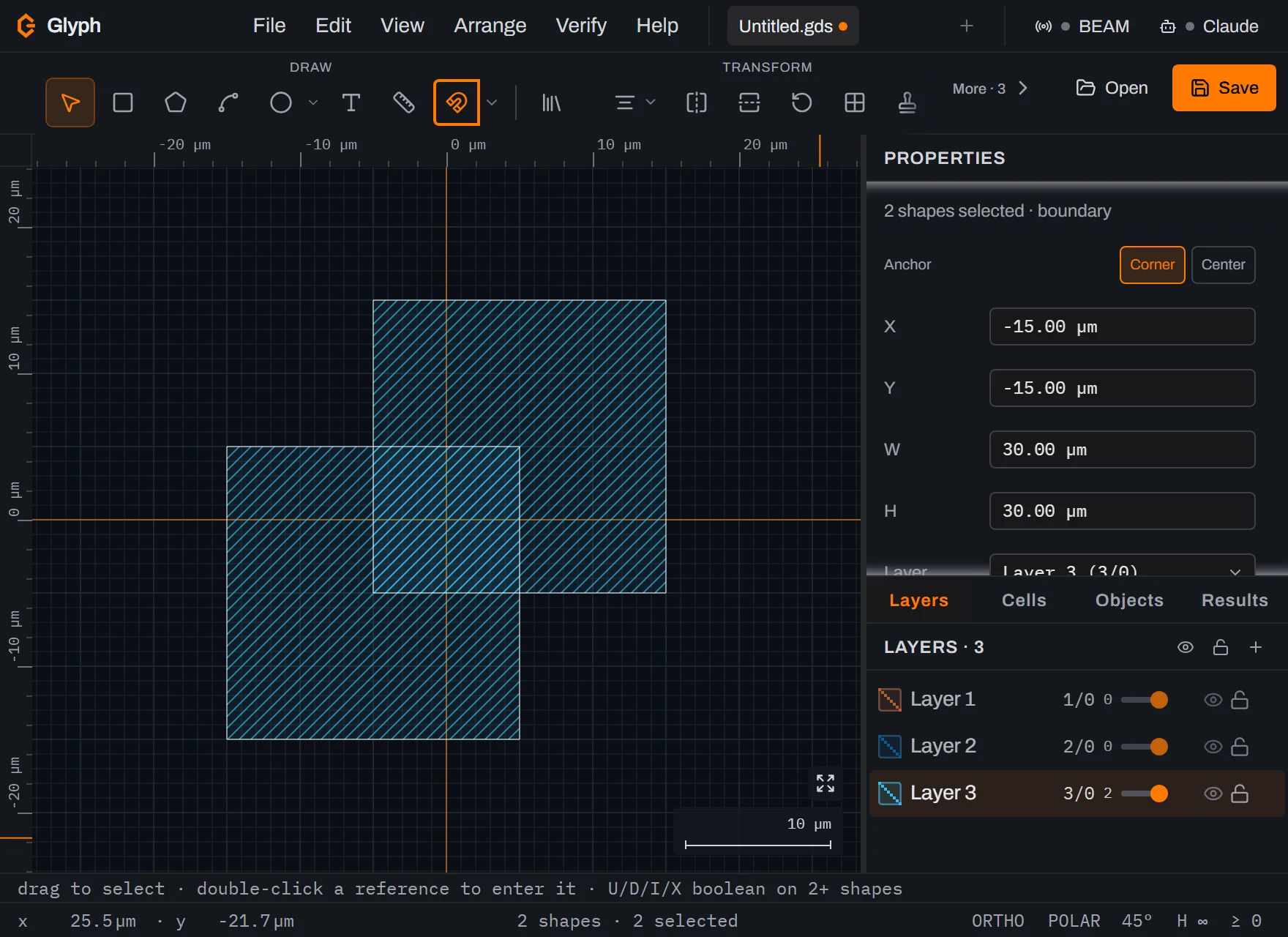 Glyph canvas after releasing a marquee drag, showing no marquee rectangle but both overlapping boxes on Layer 3 outlined pale as selected, the Properties panel showing a 30 by 30 micrometre combined bounding box, and the status bar reading 2 shapes and 2 selected.