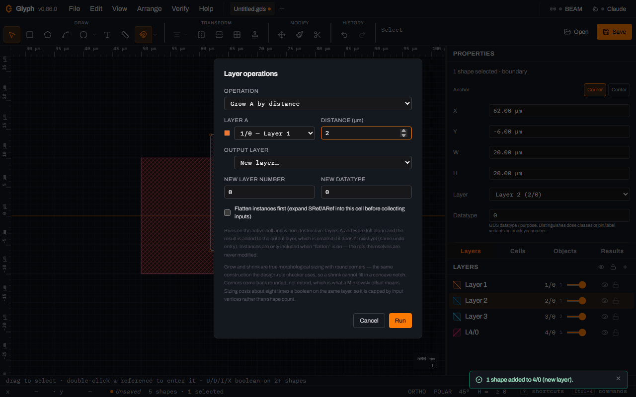 Glyph's Layer operations dialog with Operation switched to Grow A by distance, Layer A 1/0 Layer 1, a Distance field showing 2 in place of Layer B, Output layer New layer, New layer number 0, and Cancel and Run buttons.
