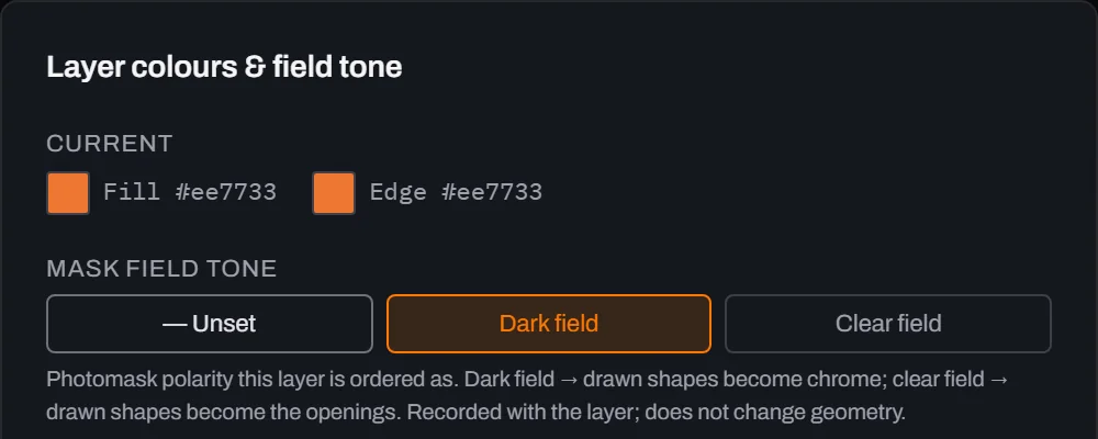 Crop of the top of Glyph's layer colour and field-tone dialog: Current fill and edge both hex ee7733, and Mask field tone with Dark field now highlighted in orange next to Unset and Clear field.
