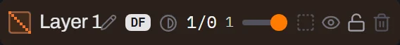 Crop of Layer 1's row in the Layers panel: colour swatch, the layer name truncated to L. for lack of room, a DF badge, a small contrast icon, 1/0, shape count 1, and the opacity slider and the select/visibility/lock/delete icons at the right edge.