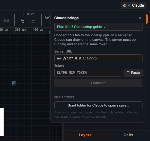 The Claude bridge panel that opens from the Claude pill at the right end of Glyph's menu bar, showing the WebSocket server URL, a token field, a Connect button, and a Grant folder control for file access.