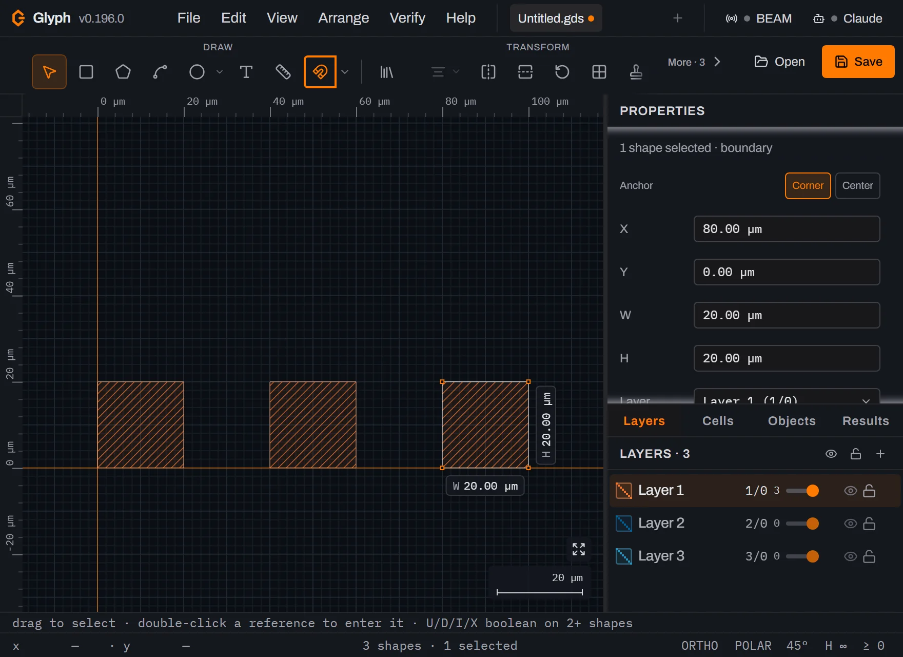 Three identical hatched orange 20 micrometre pads in a row along the x axis at 0, 40 and 80 micrometres, with the Properties panel showing the last one at X 80.00 and the status bar reading 3 shapes, 1 selected.