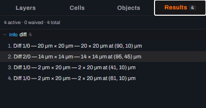 The Results panel with the highlight moved back to row 2, the 14 by 14 micrometre difference on layer 2/0, after pressing Shift plus F2.