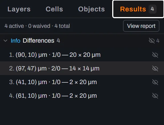The Results panel with the highlight moved back to row 2, the 14 by 14 micrometre difference on layer 2/0, after pressing Shift plus F2.