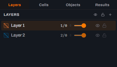 The Layers tab of Glyph's side panel showing exactly two rows, Layer 1 and Layer 2, after the third default layer was deleted.