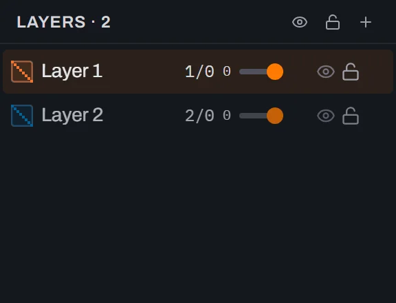The Layers tab of Glyph's side panel showing exactly two rows, Layer 1 and Layer 2, after the third default layer was deleted.