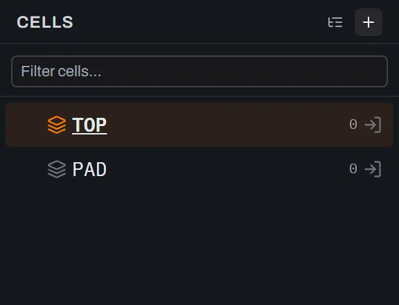 The Cells tab of Glyph's side panel showing two rows: TOP (highlighted as the active cell) and a newly created empty cell named PAD, with the add-cell plus button in the panel header.