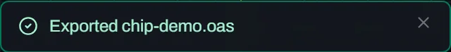 A Glyph toast notification reading Exported chip-demo.oas with a green checkmark icon.