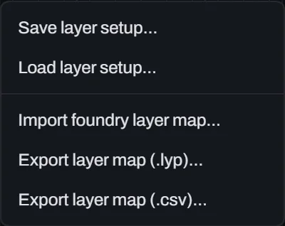 Glyph's File menu Layer setup flyout listing Save layer setup, Load layer setup, then below a divider Import foundry layer map, Export layer map (.lyp) and Export layer map (.csv).