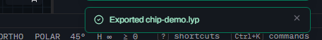 A Glyph toast notification reading Exported chip-demo.lyp with a green checkmark icon, over the status bar.
