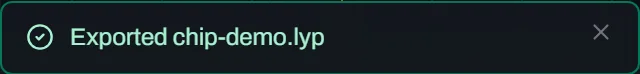 A Glyph toast notification reading Exported chip-demo.lyp with a green checkmark icon.