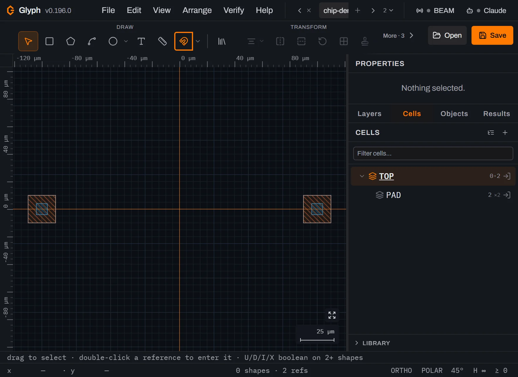 The reopened chip-demo.cif as the active tab (its name cut short in this narrow window, with arrows to step between the two open tabs); the Cells panel showing TOP expanded with PAD nested underneath, and the canvas showing the same two hatched square pads in the same orange and blue — the colours read back from the CIF file itself: Glyph writes each layer's colour into the CIF as an inert (CleWin: …) comment record and its own reader restores it; other CIF tools simply ignore those comments.