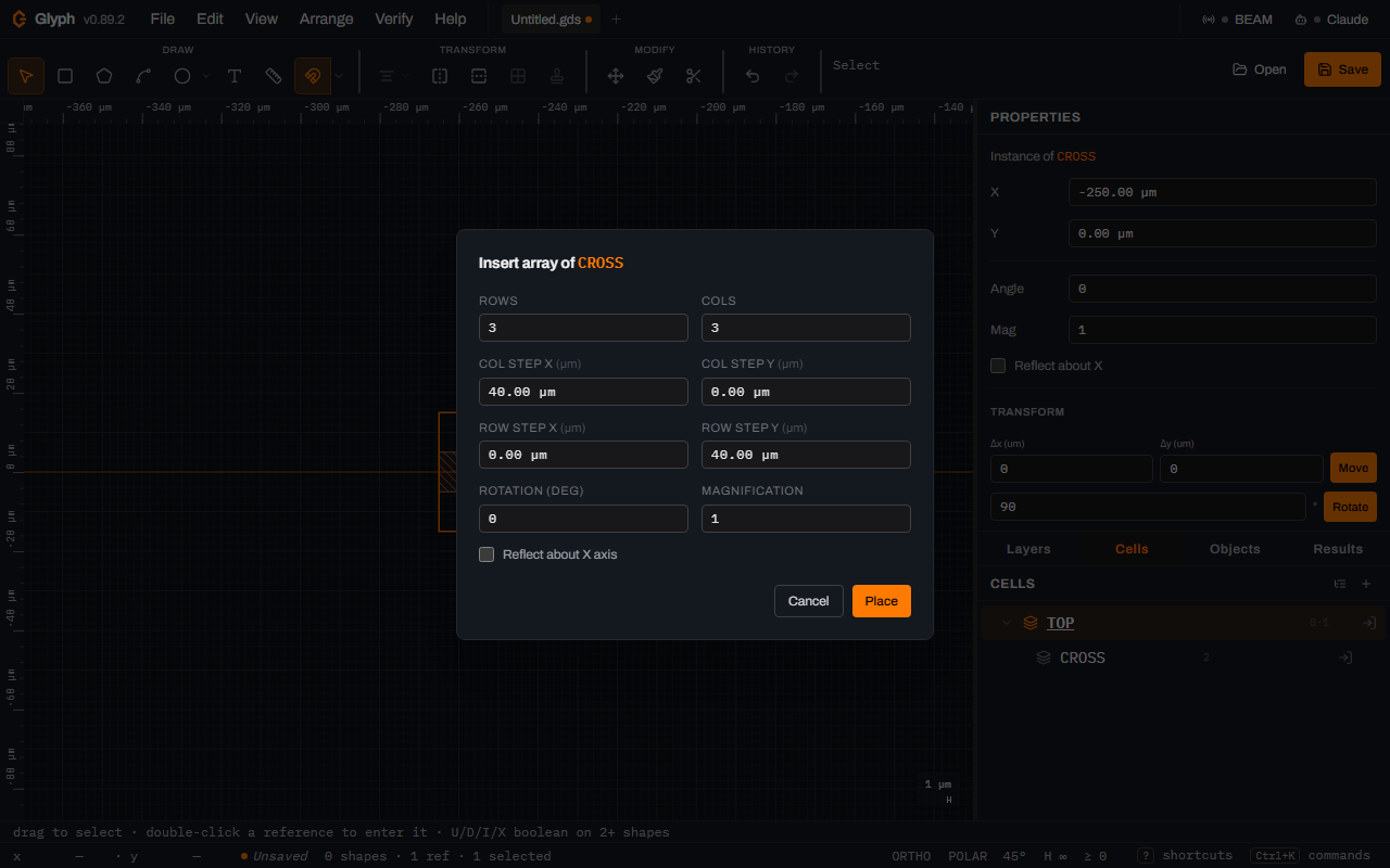 Glyph's Insert array of CROSS dialog with Rows 3, Cols 3, Col step X 40.00 micrometres, Col step Y 0, Row step X 0, Row step Y 40.00 micrometres, rotation 0, magnification 1, an unticked Reflect about X axis checkbox, and Cancel and Place buttons.