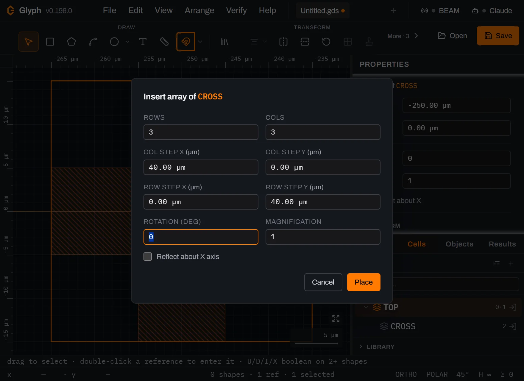 Glyph's Insert array of CROSS dialog with Rows 3, Cols 3, Col step X 40.00 micrometres, Col step Y 0, Row step X 0, Row step Y 40.00 micrometres, rotation 0, magnification 1, an unticked Reflect about X axis checkbox, and Cancel and Place buttons.