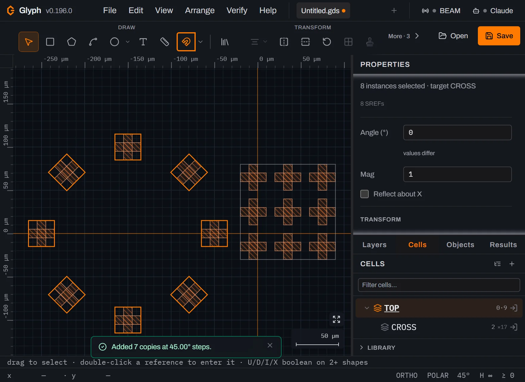 The Glyph canvas showing eight cross instances arranged in a ring at 45 degree intervals, four of their thin square bounds indicators rotated into diamonds, next to the three by three array of hatched crosses, with a toast reading Added 7 copies at 45.00 degree steps and the status bar reading 0 shapes, 8 refs, 1 array and 8 selected.