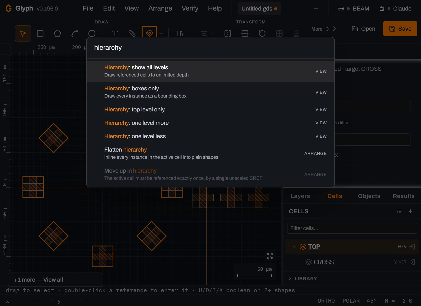 Glyph's Ctrl+K command palette filtered to the word hierarchy, listing five View commands (Hierarchy show all levels, Hierarchy boxes only, Hierarchy top level only, Hierarchy one level more and Hierarchy one level less), then the Arrange commands Flatten hierarchy and a greyed-out Move up in hierarchy.