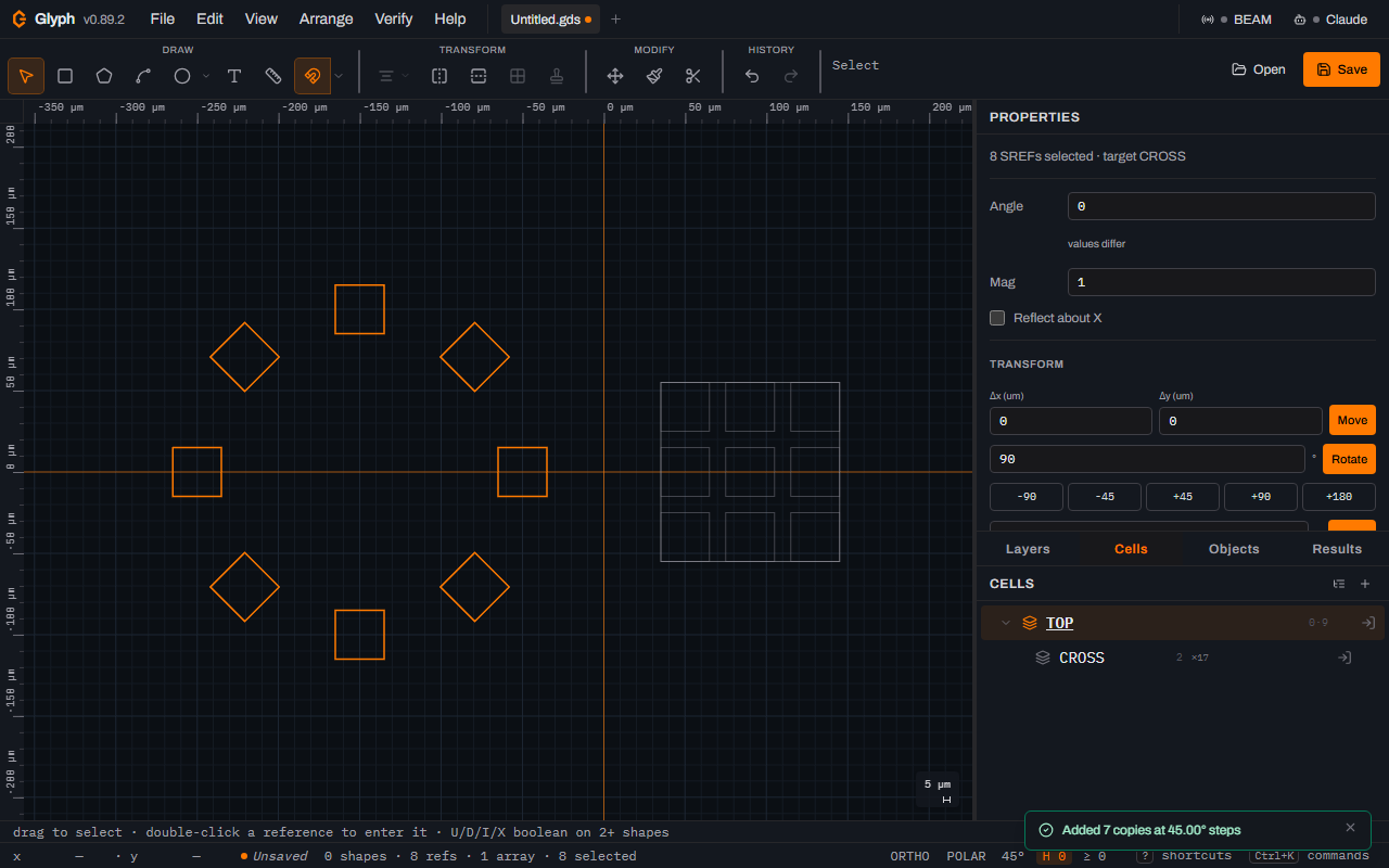 The same layout drawn with hierarchy set to boxes only: the ring of eight instances and the three by three array now appear as plain orange rectangle outlines with no cross geometry inside them.