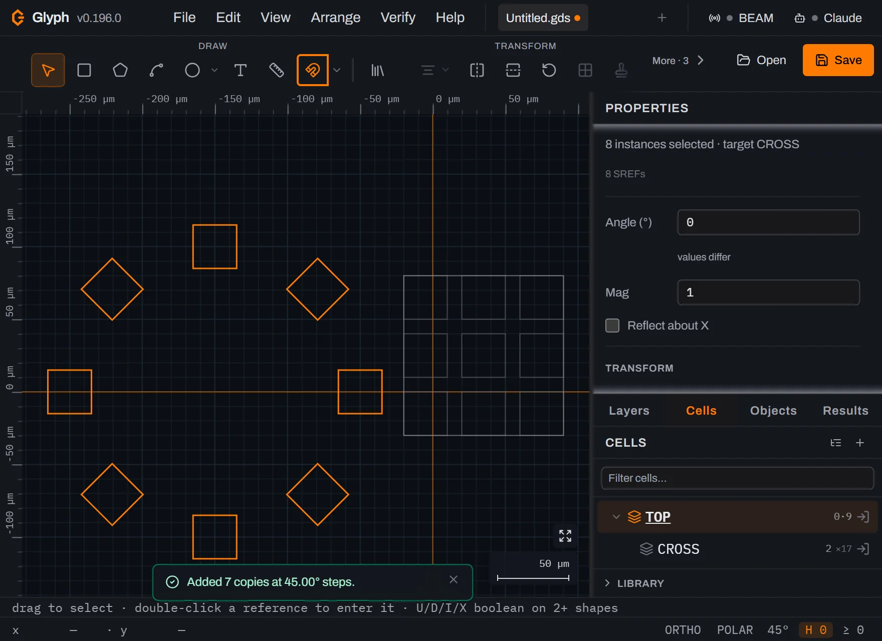 The same layout drawn with hierarchy set to boxes only: the ring of eight instances and the three by three array now appear as plain orange rectangle outlines with no cross geometry inside them.
