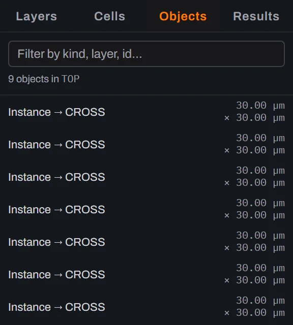The Objects tab of Glyph's side panel showing a filter box and the heading 9 objects in TOP, above the first seven of its rows, each reading Instance → CROSS with its size, 30.00 by 30.00 micrometres, set on two lines at this panel width.