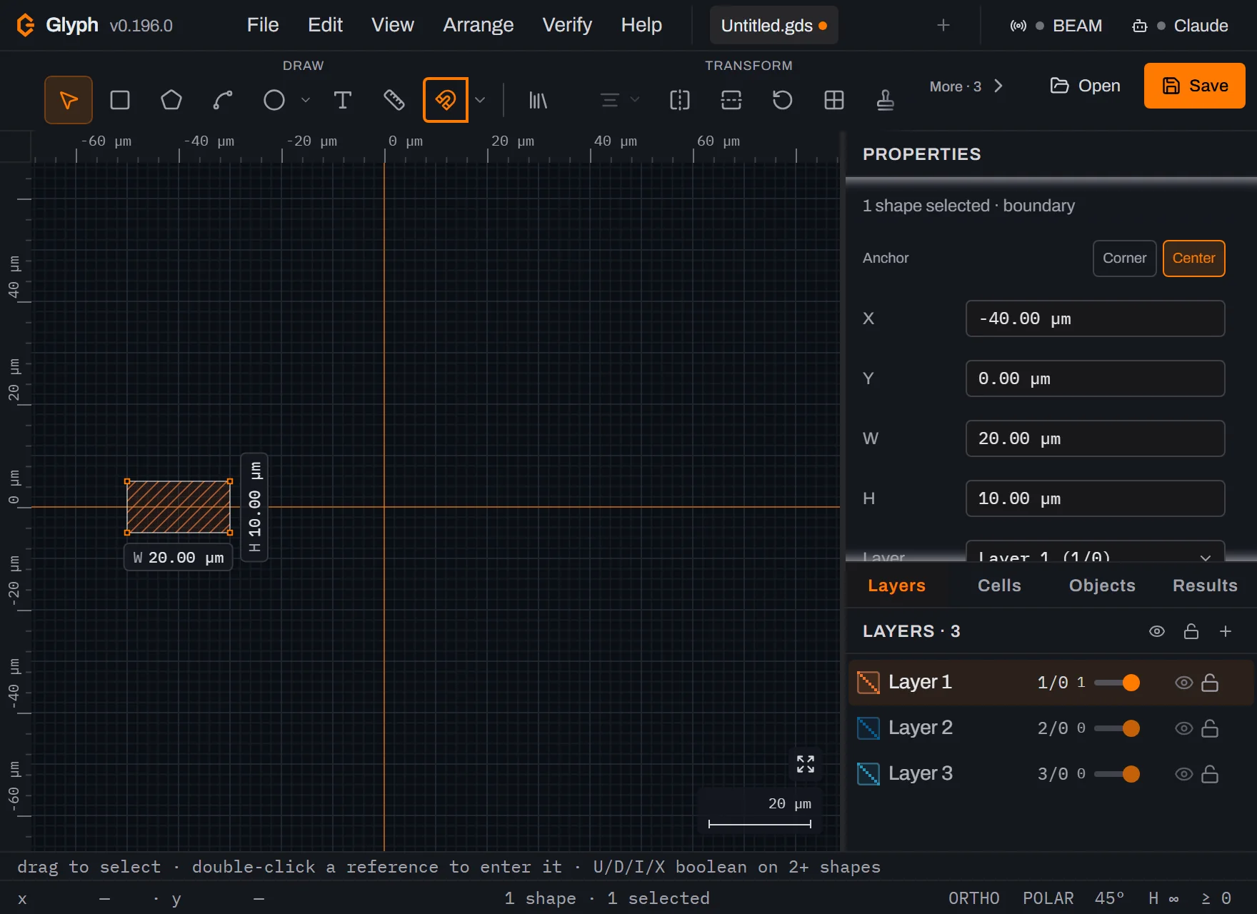 Glyph's Properties panel showing one boundary shape selected with Anchor set to Center, X -40.00 micrometres, Y 0.00 micrometres, W 20.00 micrometres and H 10.00 micrometres, with the resulting hatched orange bar visible on the canvas at the left.