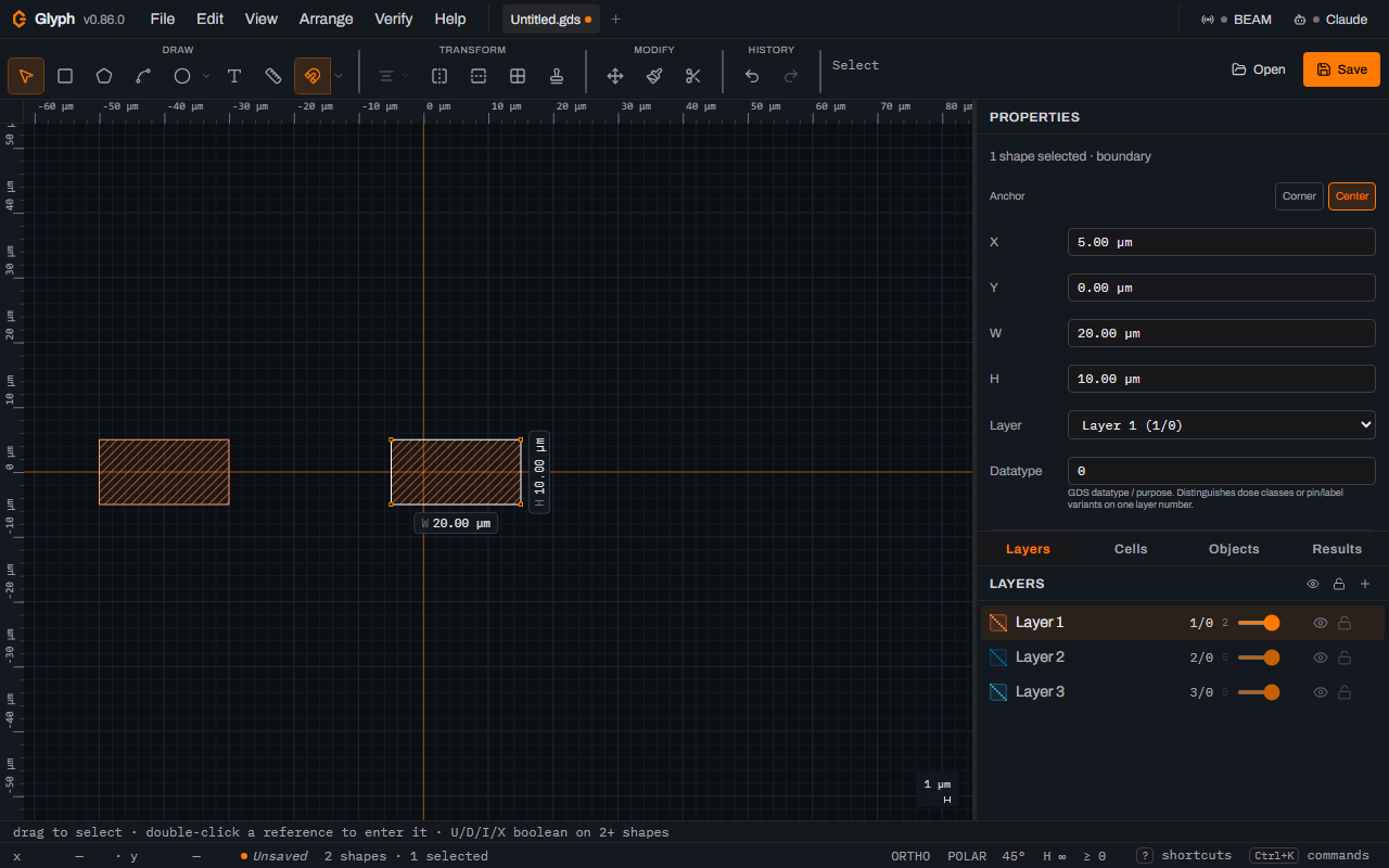 Glyph's Properties panel with the second bar selected, X 5.00 micrometres, Y 0.00 micrometres, W 20.00 micrometres and H 10.00 micrometres, and the canvas now showing two hatched orange bars with a visible gap between them.