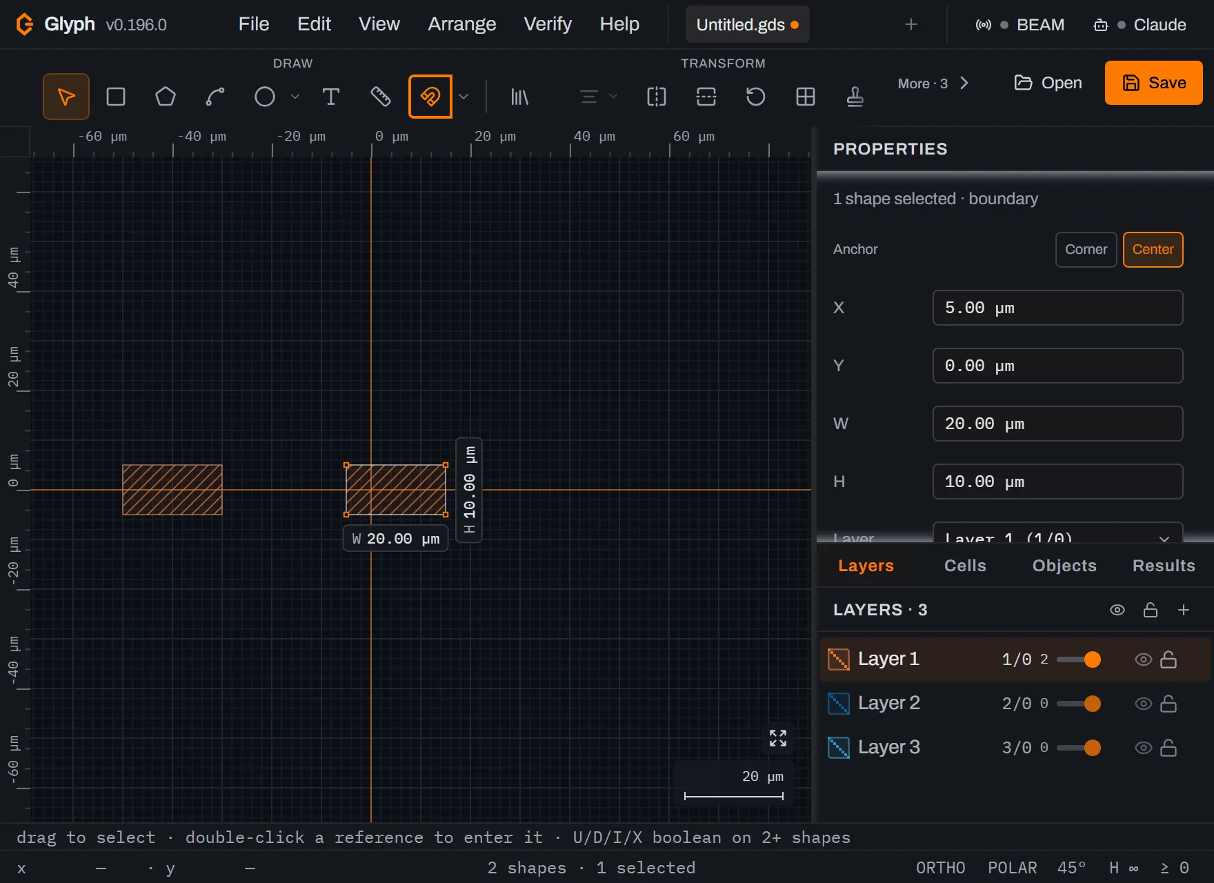 Glyph's Properties panel with the second bar selected, X 5.00 micrometres, Y 0.00 micrometres, W 20.00 micrometres and H 10.00 micrometres, and the canvas now showing two hatched orange bars with a visible gap between them.