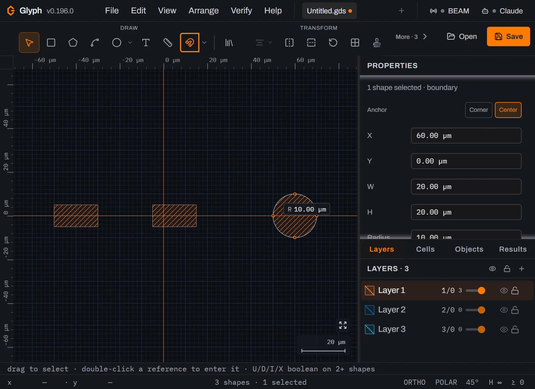 Glyph's Properties panel with the circle selected, X 60.00 micrometres, Y 0.00 micrometres, W 20.00 micrometres and H 20.00 micrometres, and the canvas now showing two bars and a circle, all on Layer 1.