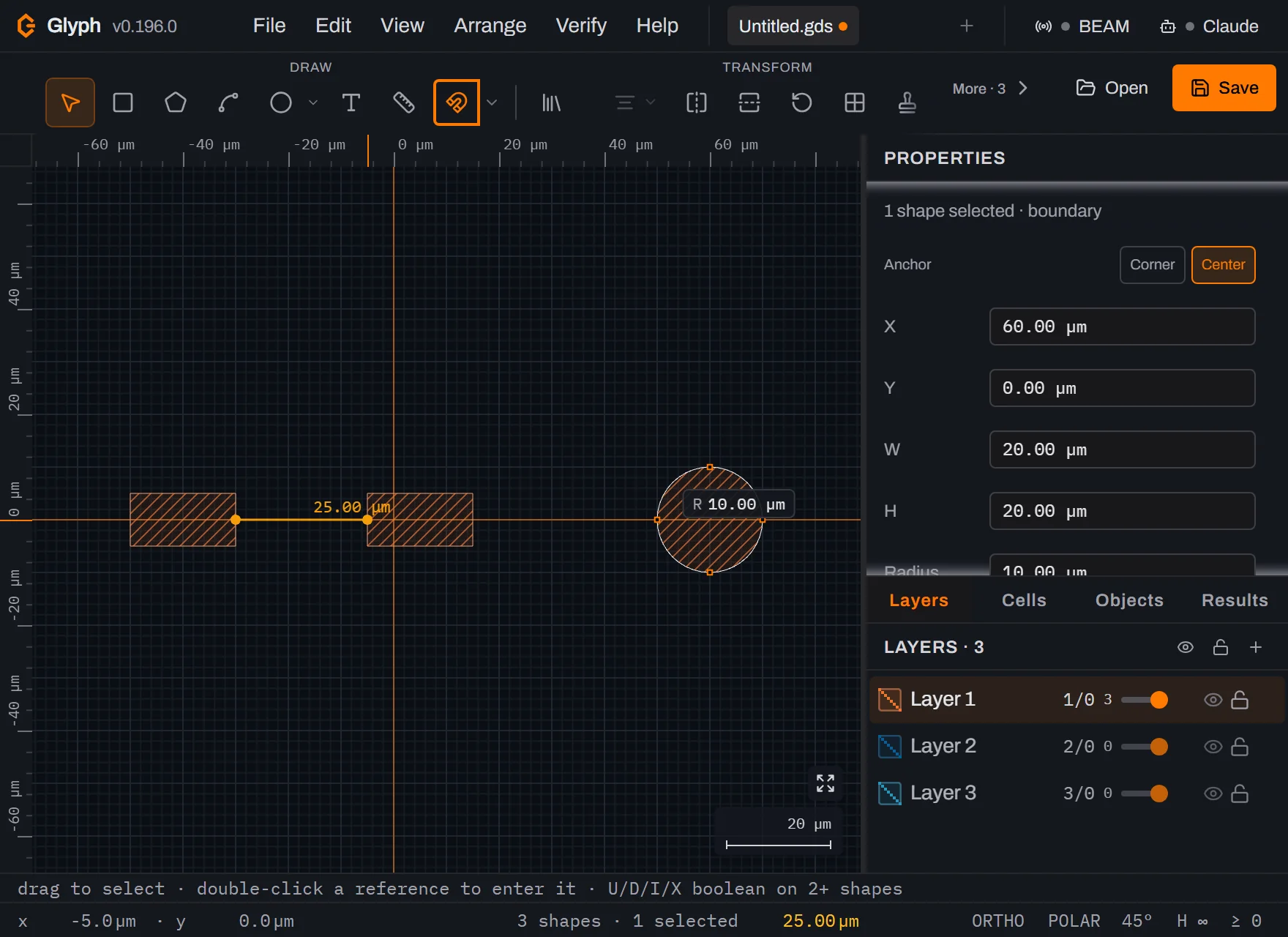 The Glyph canvas after dragging from the left bar's right edge to the right bar's left edge: an amber 25.00 micrometre distance line between the two bars, the toolbar's active-tool label reading Select, and the status bar reading 25.00 micrometres in amber next to the shape count.