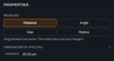 A crop of Glyph's Properties panel measure section after pressing M and Enter: Distance mode still active, Dimensions in this cell reading 1, and a row reading distance 25.00 micrometres.