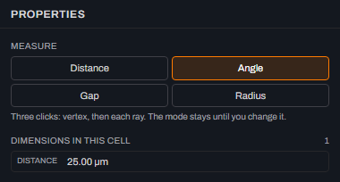 The Measure mode picker with Angle now highlighted in orange and its hint reading Three clicks: vertex, then each ray, above the Dimensions in this cell list still showing the pinned 25.00 micrometre distance.