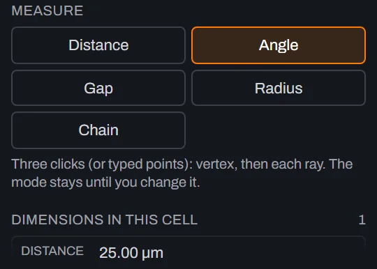 The Measure mode picker with Angle now highlighted in orange and its hint reading Three clicks (or typed points): vertex, then each ray, above the Dimensions in this cell list still showing the pinned 25.00 micrometre distance.