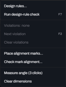 Glyph's Verify menu open, listing Design rules…, Run design-rule check, Violations: none, Next violation, Clear violations, Place alignment marks…, Check mark alignment…, Measure angle (3 clicks) and Clear dimensions.