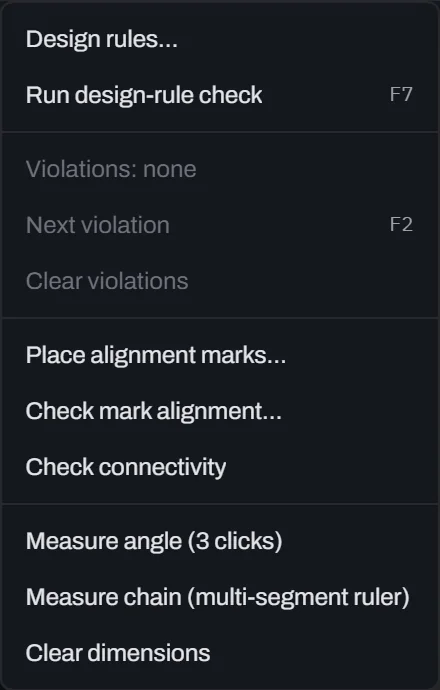 Glyph's Verify menu open, listing Design rules…, Run design-rule check (F7), Violations: none, Next violation (F2), Clear violations, Place alignment marks…, Check mark alignment…, Check connectivity, Measure angle (3 clicks), Measure chain (multi-segment ruler) and Clear dimensions.