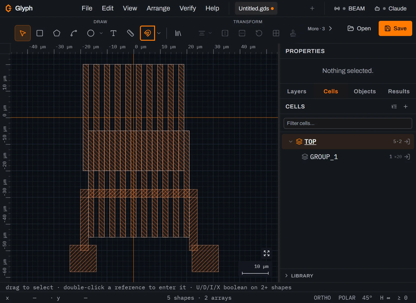 A completed MEMS comb-drive actuator in Glyph: two opposing finger combs, a fixed stator and a suspended rotor, interleaved on a single structural layer.