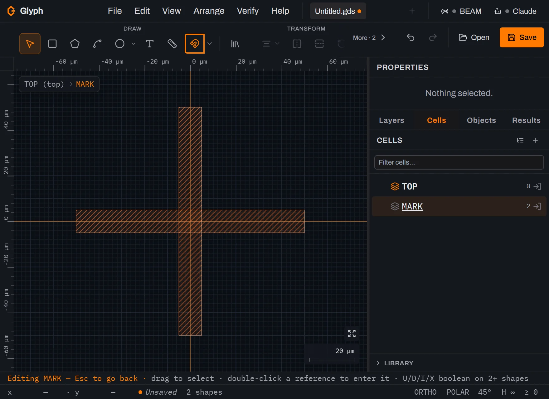 Glyph editing the cell MARK: a hatched orange 100 micrometre cross centred on the origin, the breadcrumb reading TOP (top) then MARK, and the Cells panel on the right listing TOP and MARK, MARK with 2 shapes.