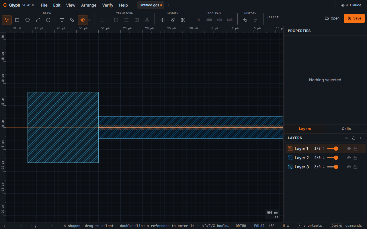 A placed thermo-optic phase shifter in Glyph: the waveguide core, a heater strip above it, and two contact pads, each rendered on its own distinct GDS layer.