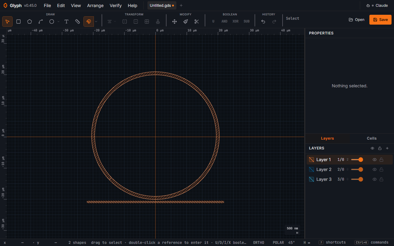 A placed ring resonator in Glyph: an annular waveguide (keyholed disk) with a straight bus waveguide tangent below it, both on the same GDS layer.