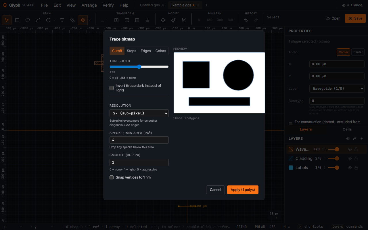 Glyph's Trace Bitmap dialog: an imported raster image on the canvas beside a live preview of the polygons extracted from it, with mode and threshold controls for converting the picture to GDS geometry.