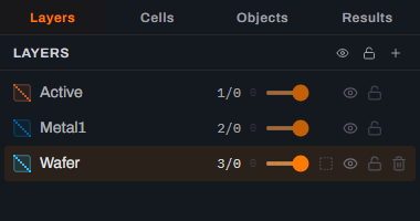 The Layers tab of Glyph's right-hand panel showing three rows named Active, Metal1 and Wafer with their layer numbers 1/0, 2/0 and 3/0, an opacity slider, and eye and padlock buttons on each row. The Wafer row is highlighted as the current layer.
