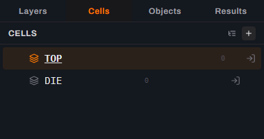 The Cells tab of Glyph's right-hand panel listing two rows, TOP in bold and underlined as the cell being edited, and DIE below it, each with a shape count of 0 and an enter-cell arrow at its right end.