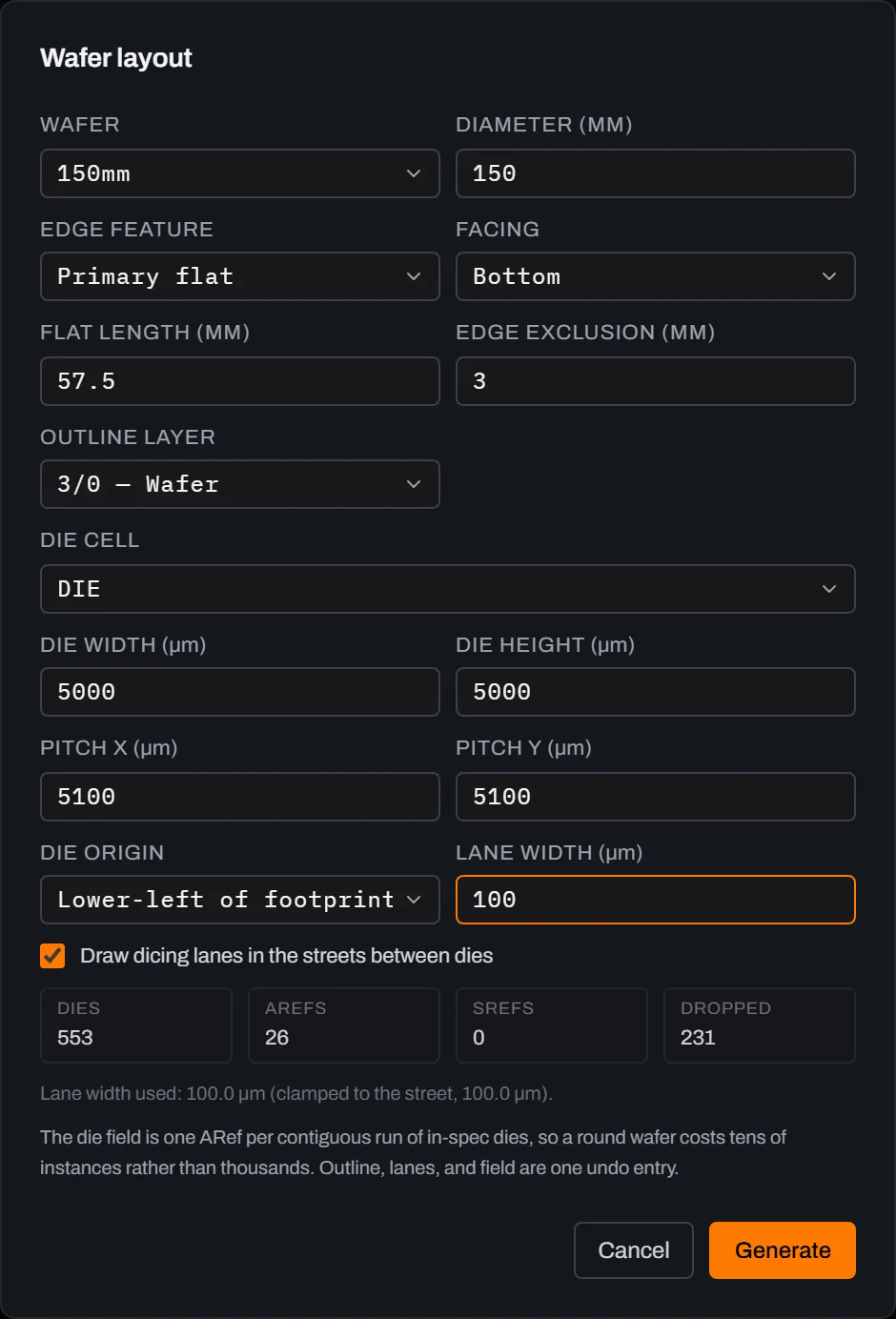 Glyph's Wafer layout dialog cropped to its panel: 150mm preset, 150 mm diameter, primary flat facing bottom at 57.5 mm, 3 mm edge exclusion, outline layer 3/0 Wafer, die cell DIE, 5000 by 5000 die size, 5100 by 5100 pitch, die origin lower-left of footprint, 100 lane width, the dicing-lanes checkbox ticked, and a stats strip reading 553 dies, 26 AREFs, 0 SREFs, 231 dropped.