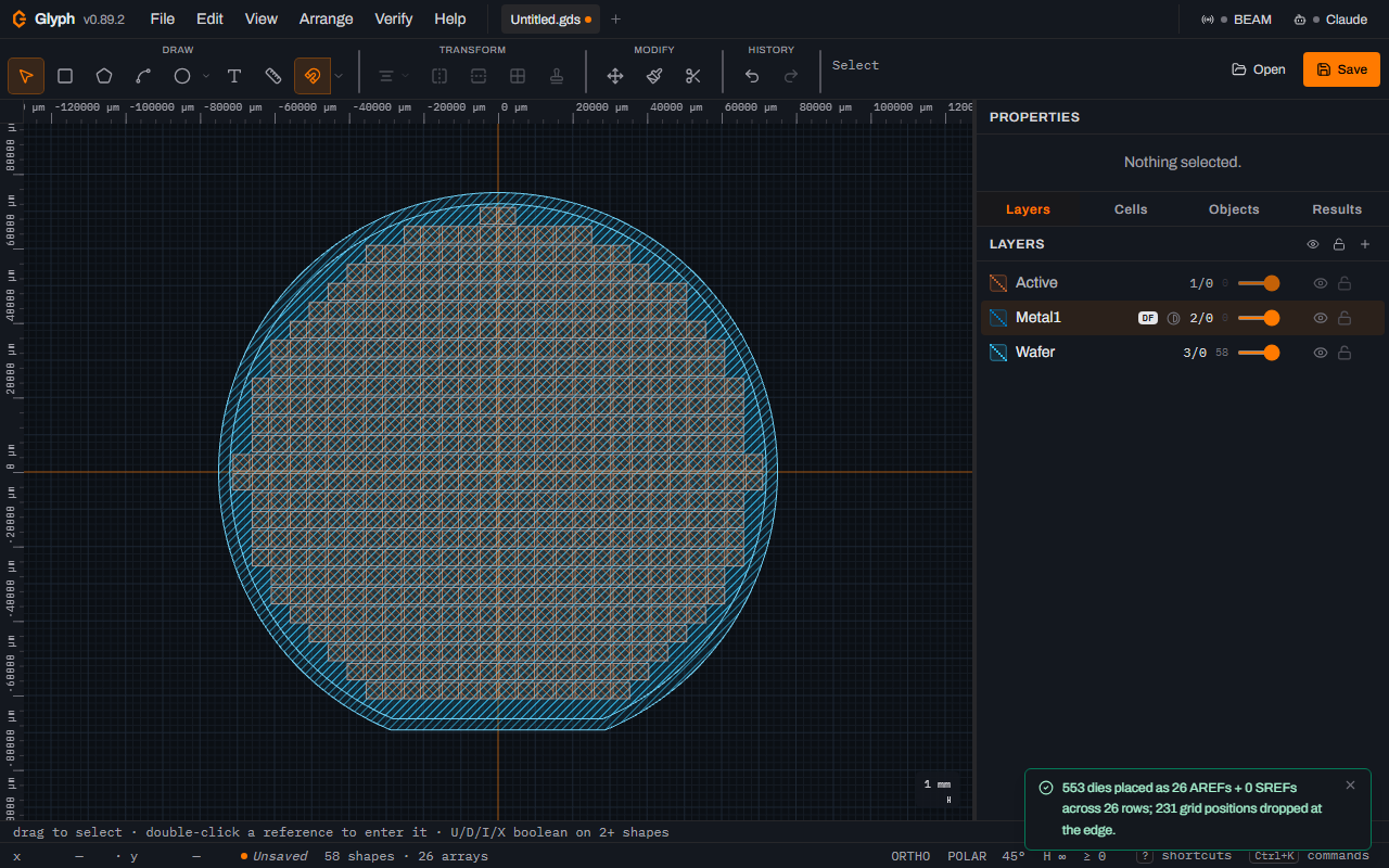 The Glyph canvas zoomed to fit the whole wafer: a circular field of orange dies with a flat cut at the bottom, a cyan wafer rim with an inner exclusion ring, cyan dicing lanes between every row and column, and a toast reading 553 dies placed as 26 AREFs plus 0 SREFs across 26 rows, 231 grid positions dropped at the edge. Status bar reads 58 shapes and 26 arrays.